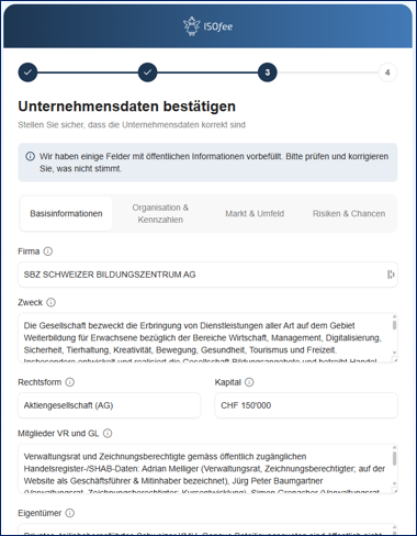 ISOfee - Unternehmensdaten bestätigen